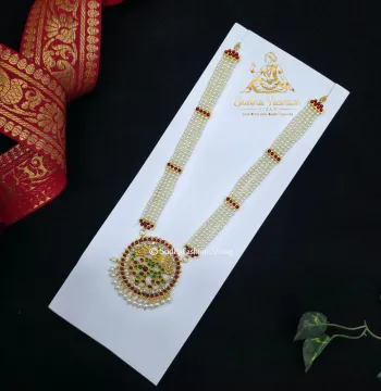 4 Line Pearl Natraj Haram – Kuchipudi & Bharatanatyam Long Necklace | Gold Finish with Pearls