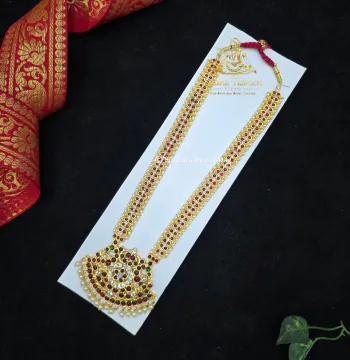 Double Mango Kemp White Haram – Kuchipudi & Bharatanatyam Long Necklace | Gold Finish with Kemp & White Stones