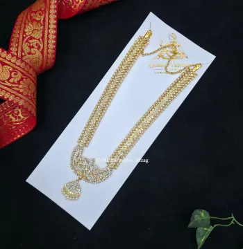 Full White Pearl Kemp Stone Ball Haram – Kuchipudi & Bharatanatyam Long Necklace | Gold Finish