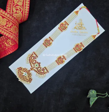 4 Line Pearl with Chand Haram – Kuchipudi & Bharatanatyam Long Necklace | Gold Finish with Pearls