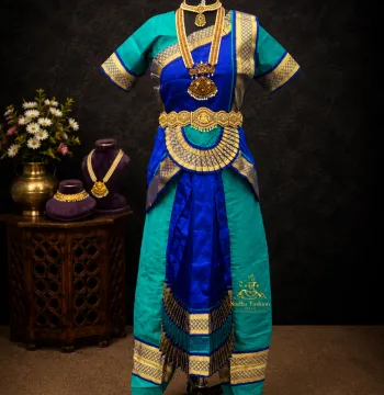 Readymade Bharatanatyam 6 Piece Art Silk Dance Dress – Blue & Dark Blue | Sizes 24 to 42