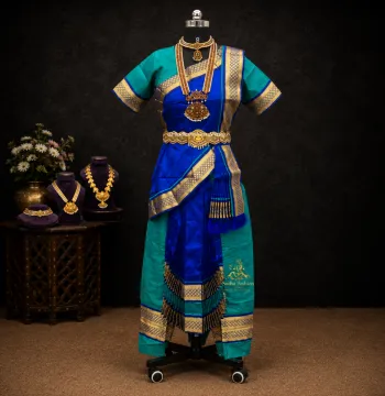 Readymade Kuchipudi 6 Piece Art Silk Dance Dress – Blue & Dark Blue | Sizes 24 to 42