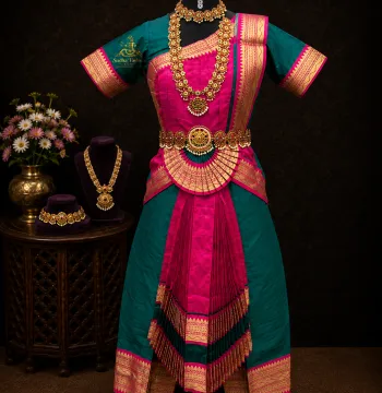Readymade Bharatanatyam 6 Piece Dance Dress – Peacock Green & Pink | Sizes 24 to 42