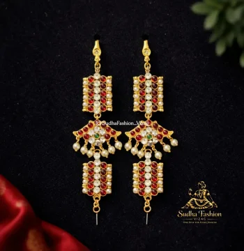 Leaf Kemp & White Mattilu – Kuchipudi & Bharatanatyam Ear Chain | Gold Finish with Kemp & White Stones