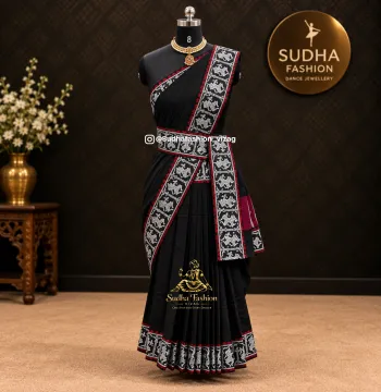 Kids Kuchipudi & Bharatanatyam Pre-Stitched One Piece Cotton Practice Saree – Black Dancing Doll