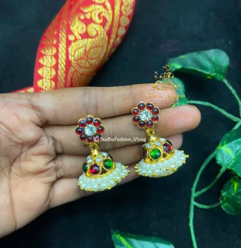 Small Stone Kundan Jhumka Buttalu – Kuchipudi & Bharatanatyam | Red Kemp Gold Finish