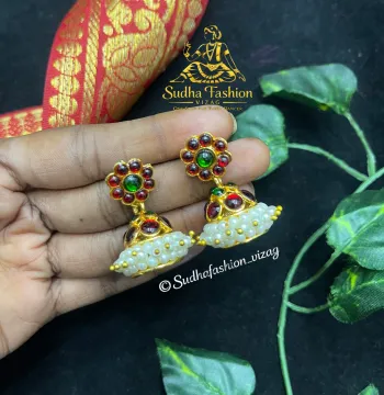 Small Kundan and Green Jhumka Buttalu – Kuchipudi & Bharatanatyam | Red Kemp Gold Finish