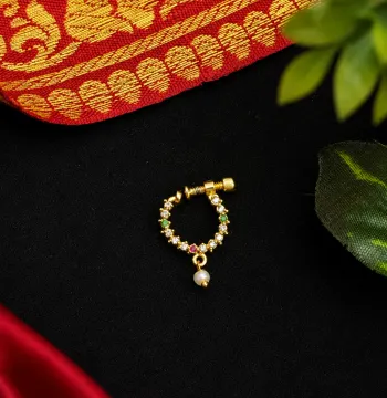 Beautiful Multi Color Nose pin – Kuchipudi & Bharatanatyam Nose Ornament Set | Gold Finish