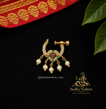Beautiful Multi Color Heart Nose pin – Kuchipudi & Bharatanatyam Nose Ornament Set | Gold Finish