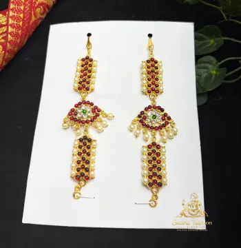 Leaf Kemp Mattilu – Kuchipudi & Bharatanatyam Ear Chain | Gold Finish with Kemp & White Stones