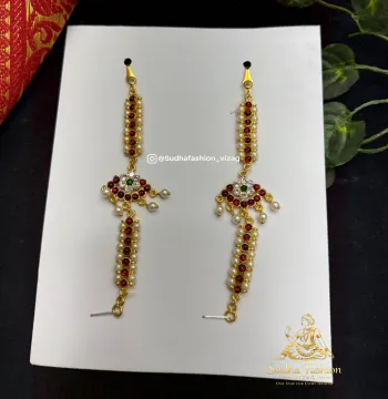 Leaf Kemp and Green Single Jalar Mattilu – Kuchipudi & Bharatanatyam Ear Chain | Gold Finish with Kemp & White Stones