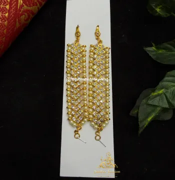 Full White Mattilu – Kuchipudi & Bharatanatyam Ear Chain | Gold Finish with Kemp & White Stones