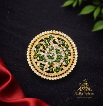 Green & White Stone Rakodi – Kuchipudi & Bharatanatyam Hair Ornament | Gold Finish with Green & White Stones