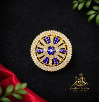 Blue & White Chakram Rakodi – Kuchipudi & Bharatanatyam Hair Ornament | Gold Finish with Blue & White Stones