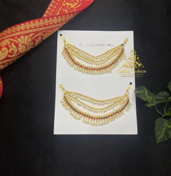 3 lines Pearl Kemp Mattilu – Kuchipudi & Bharatanatyam Ear Chain | Gold Finish with Kemp & White Stones