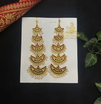 5 Step Earring with Mattilu – Kuchipudi & Bharatanatyam Ear Chain | Gold Finish with Kemp & White Stones