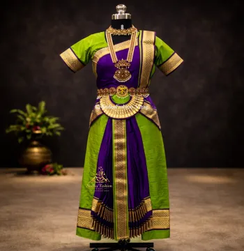 Readymade Bharatanatyam 6 Piece Dance Dress – Green & Purple | Sizes 24 to 42