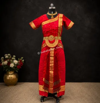Readymade Bharatanatyam 6 Piece Dot Dance Dress – Full Red | Sizes 26 to 42