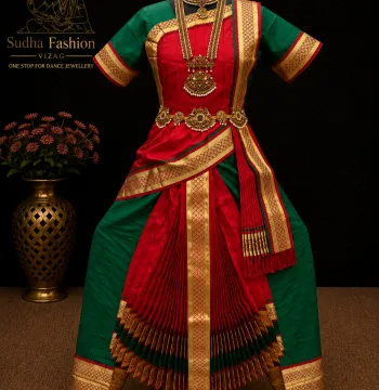 Readymade Kuchipudi 6 Piece Dance Dress – Bottle Green & Red | Sizes 26 to 42