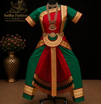 Readymade Bharatnatyam 6 Piece Dance Dress – Bottle Green & Red | Sizes 26 to 42