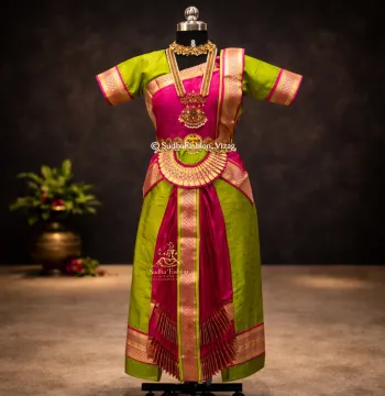 Readymade Bharatanatyam 6 Piece Dance Dress – Mehindi Green & Pink | Sizes 24 to 42