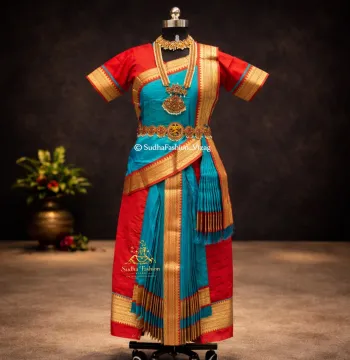 Readymade Kuchipudi 6 Piece Art Silk Dance Dress – Surf Blue & Red | Sizes 24 to 42