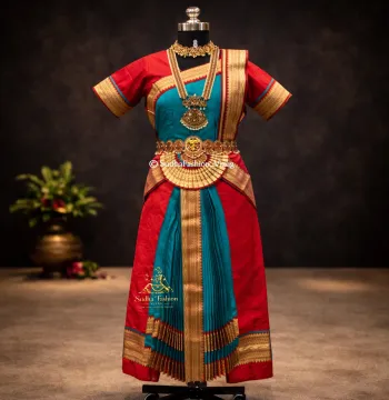 Readymade Bharatanatyam 6 Piece Art Silk Dance Dress – Surf Blue & Red | Sizes 24 to 42