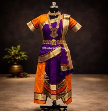 Readymade Kuchipudi 6 Piece Art Silk Dance Dress – Orange & Purple | Sizes 24 to 42