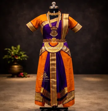 Readymade Bharathanatyam 6 Piece Art Silk Dance Dress – Orange & Purple | Sizes 24 to 42