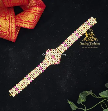 Pink & White Vadanam – Kuchipudi & Bharatanatyam Hip Belt | Gold Finish with Pink & White Stones