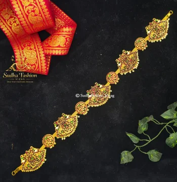 Peacock & Round Vadanam – Kuchipudi & Bharatanatyam Hip Belt | Gold Finish with Multi-Color Stones