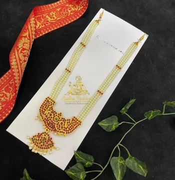 3 line Pearl Haram with Big locket – Kuchipudi & Bharatanatyam Long Haram | Gold Finish with Pearls