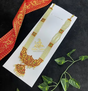 4 line Pearl Haram with Double Pendant – Kuchipudi & Bharatanatyam Long Haram | Gold Finish with Pearls