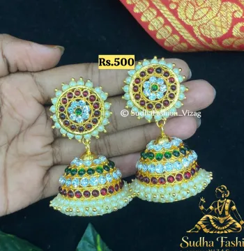 Beautiful 4 Line Kemp Multi Buttalu – Kuchipudi & Bharatanatyam Dance Earrings | Gold Finish with Kemp & Multi-Color Stones