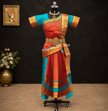 Readymade Kuchipudi 6 Piece Brocade Dance Dress – Blue & Red | Sizes 30 to 42