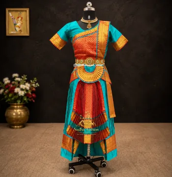Readymade Bharatanatyam 6 Piece Brocade Dance Dress – Blue & Red | Sizes 30 to 42