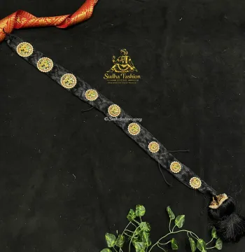 Natraj Kundan Kemp Jada – Kuchipudi & Bharatanatyam Hair Braid Ornament | Gold Finish with Kundan & Kemp Stones | 9 Pieces