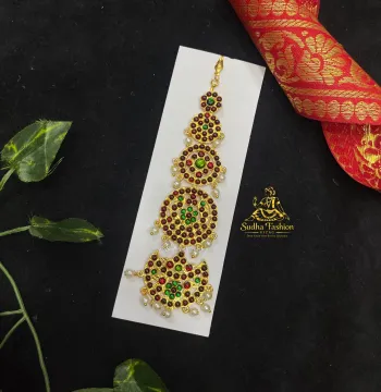 5 Step Kemp and Green Tika – Kuchipudi & Bharatanatyam Dance Tika | Gold Finish with Kemp Stones