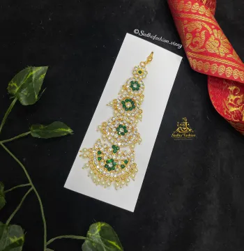 5 Step White and Green Stones Tika – Kuchipudi & Bharatanatyam Dance Tika | Gold Finish with Kemp Stones