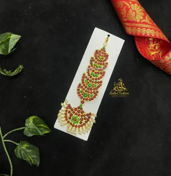 5 Step Red and Green Kundan Tika – Kuchipudi & Bharatanatyam Dance Tika | Gold Finish with Kemp Stones