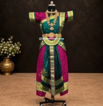 Readymade Bharatanatyam 6 Piece Dot Dance Dress – Cherry Pink and Rama Blue | Sizes 26 to 42