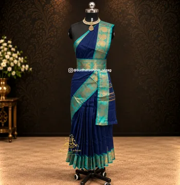 Stitched Four Piece Kanchi Cotton Practice Saree – Royal Blue - Handloom