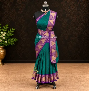 Pre-Stitched One Piece Cotton Practice Saree – Green Temple Border | Kuchipudi & Bharatanatyam