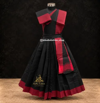 Kids 3 Piece Stitched Practice Saree – Black Red Plain Border | Kuchipudi & Bharatanatyam