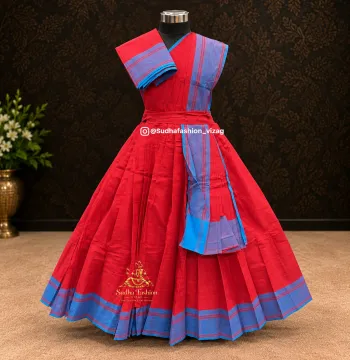 Kids 3 Piece Stitched Practice Saree – Red Blue Plain Border | Kuchipudi & Bharatanatyam