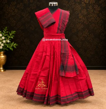 Kids 3 Piece Stitched Practice Saree – Red Black Plain Border | Kuchipudi & Bharatanatyam