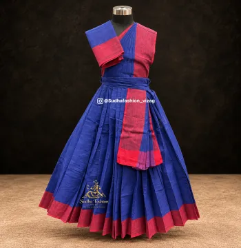 Kids 3 Piece Stitched Practice Saree – Blue Red Plain Border | Kuchipudi & Bharatanatyam