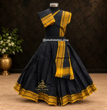 Kids 3 Piece Stitched Practice Saree – Black Yellow Plain Border | Kuchipudi & Bharatanatyam