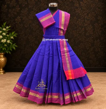 Kids 3 Piece Stitched Practice Saree – Blue Plain Border | Kuchipudi & Bharatanatyam