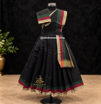 Kids 3 Piece Stitched Practice Saree – Black Plain Border | Kuchipudi & Bharatanatyam